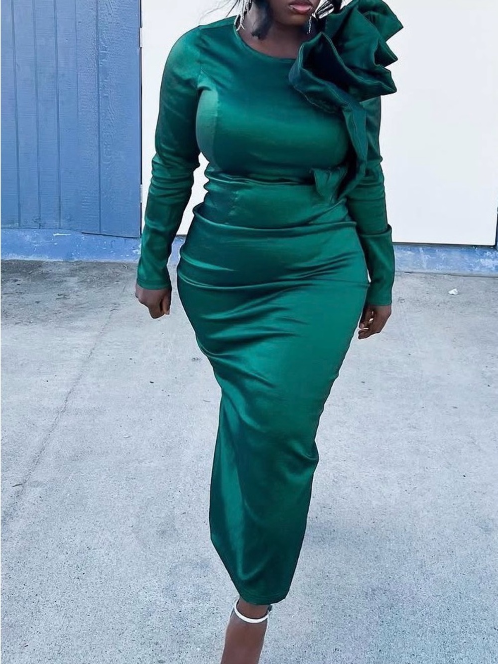 Green Satin Long Pencil Skirt with Side Ruffle Accent